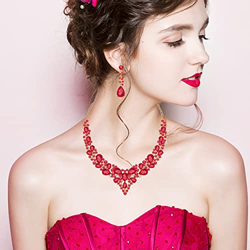 CSY 4 Pcs/Set Austrian Crystal Necklace Earrings Bracelet Ring Bridal Jewelry Sets for Brides Wedding Party Costume Accessories Gifts for Women (02-gold plated-red) - Image 2