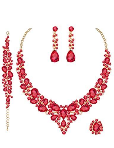 CSY 4 Pcs/Set Austrian Crystal Necklace Earrings Bracelet Ring Bridal Jewelry Sets for Brides Wedding Party Costume Accessories Gifts for Women (02-gold plated-red) - Image 1