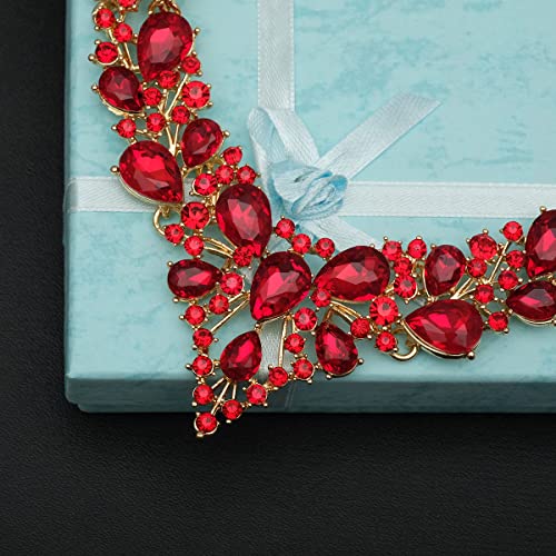 CSY 4 Pcs/Set Austrian Crystal Necklace Earrings Bracelet Ring Bridal Jewelry Sets for Brides Wedding Party Costume Accessories Gifts for Women (02-gold plated-red) - Image 5