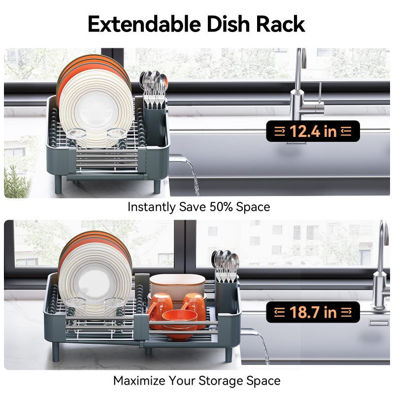 Urackify Stainless Steel Dish Drying Rack - Dish Drainer for Kitchen Counter, Extendable Drainboard with Foldable, Space-Saving Cup & Bowl Organizer, Includes Knife and Utensil Holder, Matte-Green - Image 4