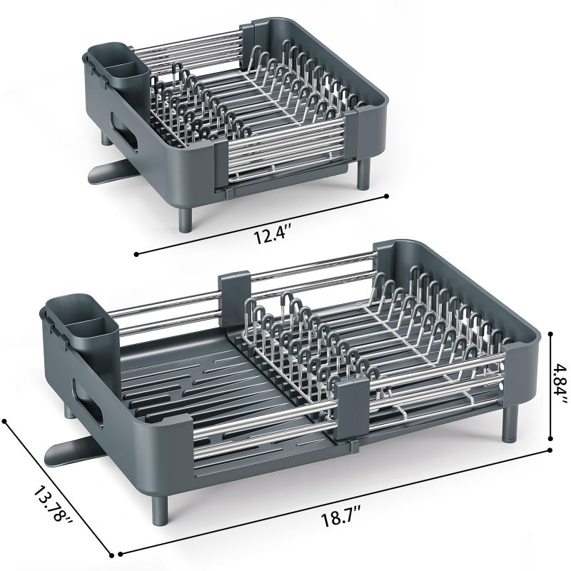 Urackify Stainless Steel Dish Drying Rack - Dish Drainer for Kitchen Counter, Extendable Drainboard with Foldable, Space-Saving Cup & Bowl Organizer, Includes Knife and Utensil Holder, Matte-Green - Image 2