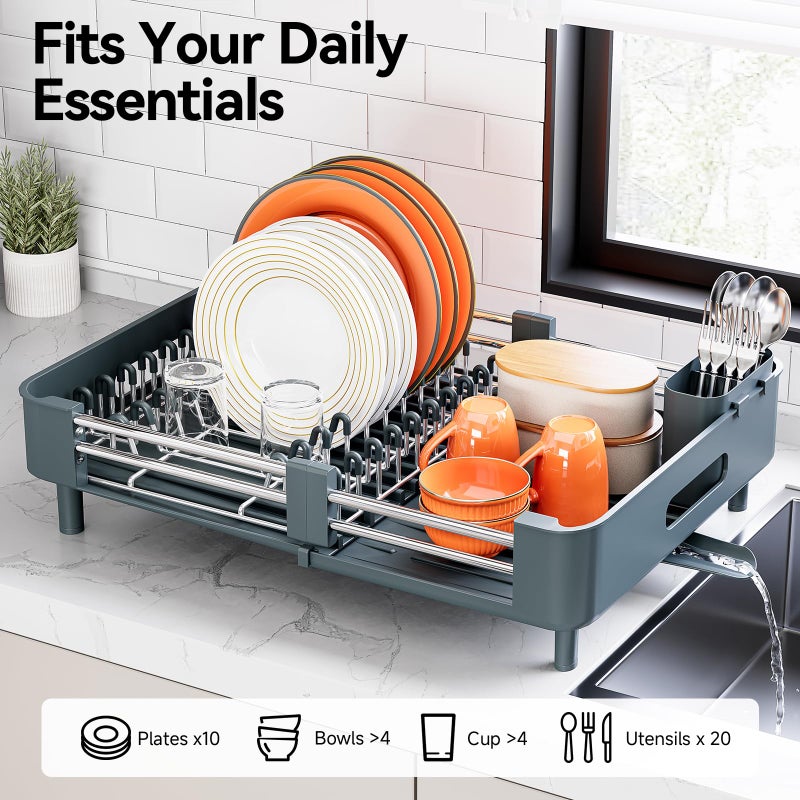 Urackify Stainless Steel Dish Drying Rack - Dish Drainer for Kitchen Counter, Extendable Drainboard with Foldable, Space-Saving Cup & Bowl Organizer, Includes Knife and Utensil Holder, Matte-Green - Image 3