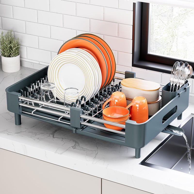 Urackify Stainless Steel Dish Drying Rack - Dish Drainer for Kitchen Counter, Extendable Drainboard with Foldable, Space-Saving Cup & Bowl Organizer, Includes Knife and Utensil Holder, Matte-Green - Image 1