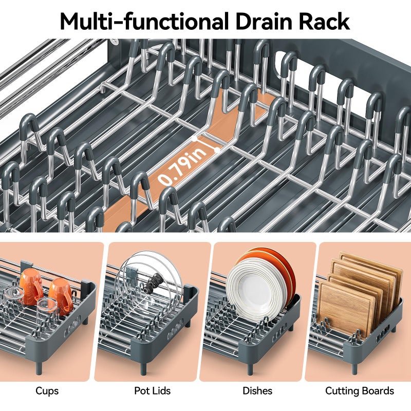 Urackify Stainless Steel Dish Drying Rack - Dish Drainer for Kitchen Counter, Extendable Drainboard with Foldable, Space-Saving Cup & Bowl Organizer, Includes Knife and Utensil Holder, Matte-Green - Image 5