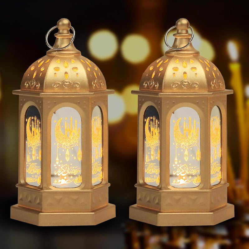 Glodecart 2 قطعة فانوس رمضان لتزيين رمضان، فانوس رمضان ذو نمط القلعة الصغيرة الذهبية والقمر لتزيين طاولة رمضان، هدايا رمضان، ديكور المنزل، أضواء رمضان، ديكور الفوانيس الخارجي. - Image 1