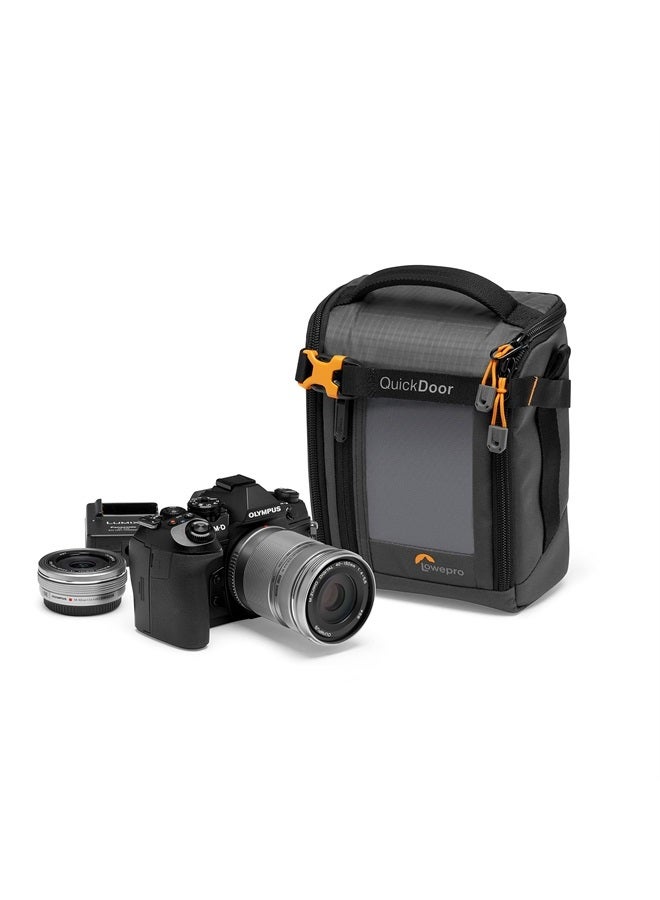 Lowepro GearUp Creator Box Medium II, Mirrorless and DSLR Camera Bag, Camera Case with QuickDoor Access, Made with Recycled Fabric, Orange Padded Interior Dividers, Grey - Image 1