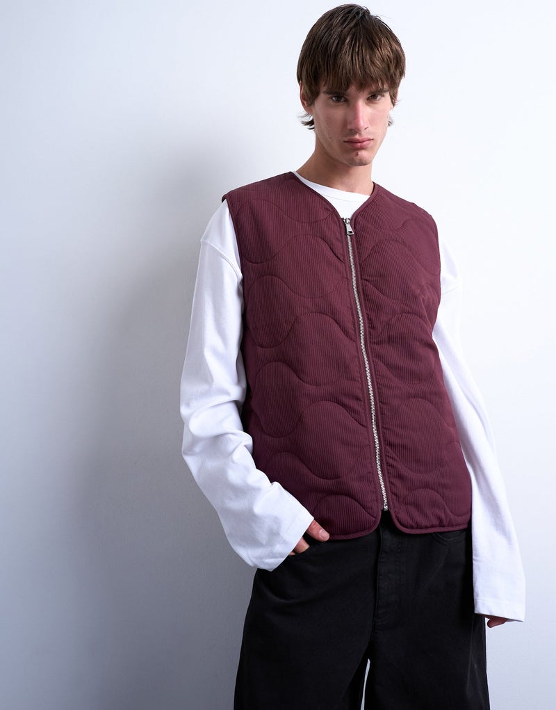 TOPMAN Square Quilted Gilet In Burgundy - Image 3