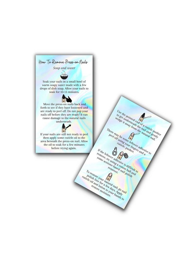 Boutique Marketing LLC Press-On Nail Removal Instructions Cards | 50 Pack | 2X3.5" Inch Business Card Size | Diy Press-On Nail Kit | Soap & Water Removal Non-Reflective Matte Rainbow Holographic Look Design  - Image 1