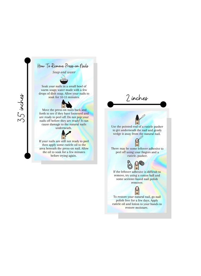 Boutique Marketing LLC Press-On Nail Removal Instructions Cards | 50 Pack | 2X3.5" Inch Business Card Size | Diy Press-On Nail Kit | Soap & Water Removal Non-Reflective Matte Rainbow Holographic Look Design  - Image 3