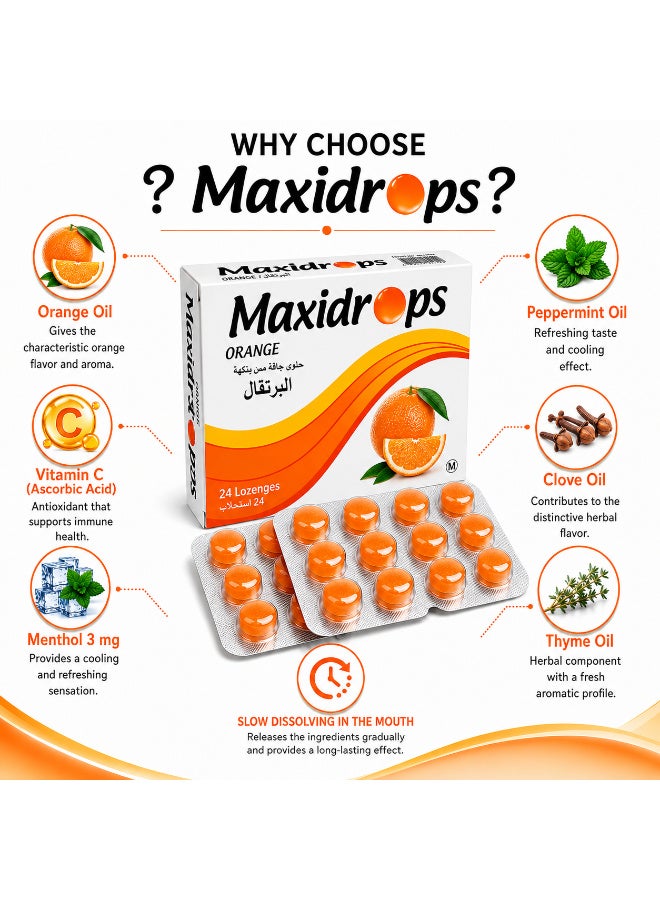 Maxidrops Orange Lozenges, 24 Lozenges | Vitamin C, Menthol, Orange Oil, Peppermint Oil, Clove Oil & Thyme Oil | Refreshing Sensation for the Throat - Image 3