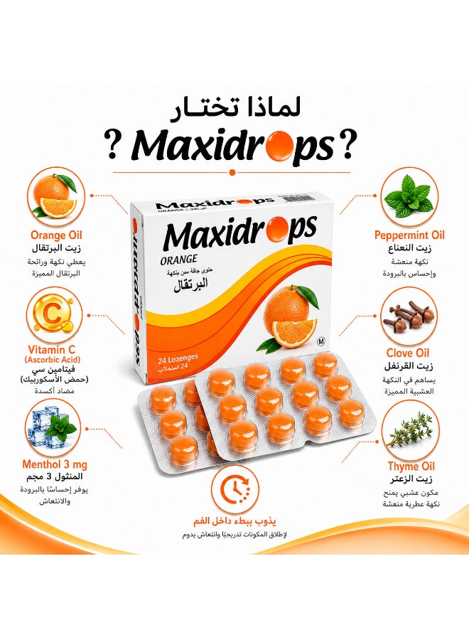 Maxidrops Orange Lozenges, 24 Lozenges | Vitamin C, Menthol, Orange Oil, Peppermint Oil, Clove Oil & Thyme Oil | Refreshing Sensation for the Throat - Image 2