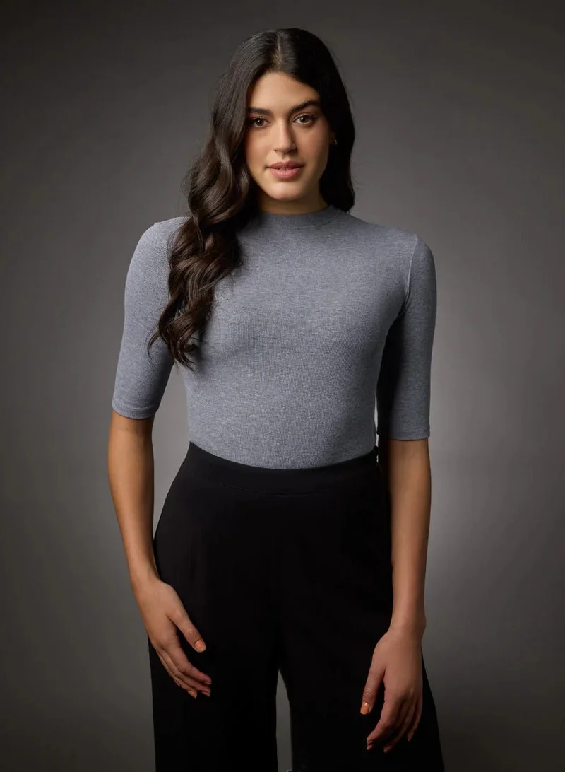 Zigzag Short Sleeve High Neck Rib Top- Dark Grey