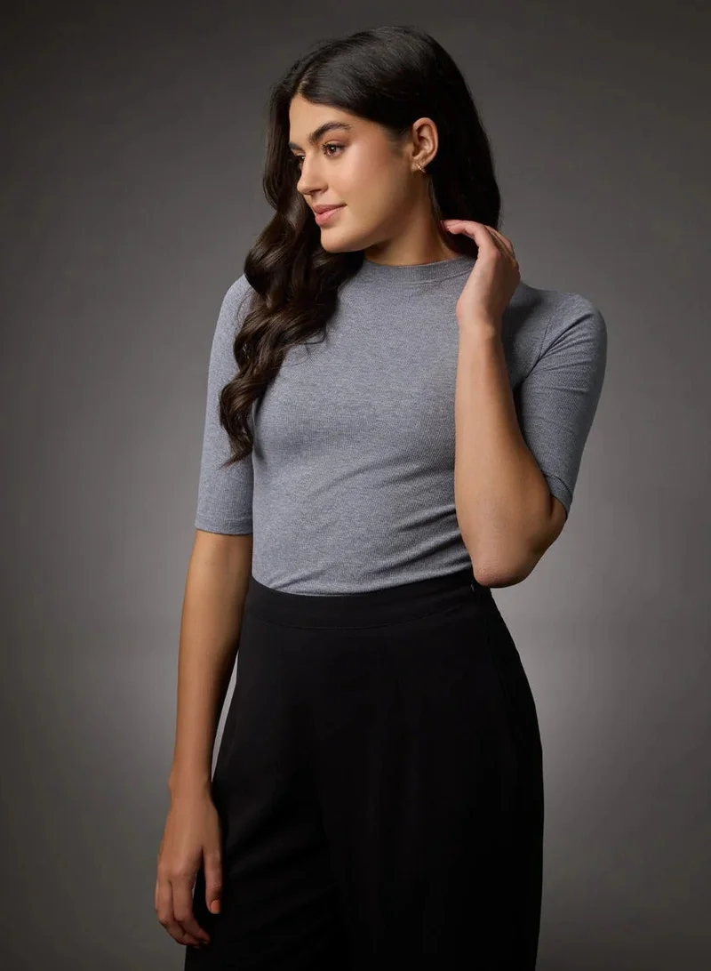 Zigzag Short Sleeve High Neck Rib Top- Dark Grey