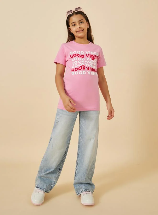 Styli Slogan Print Round Neck T-Shirt