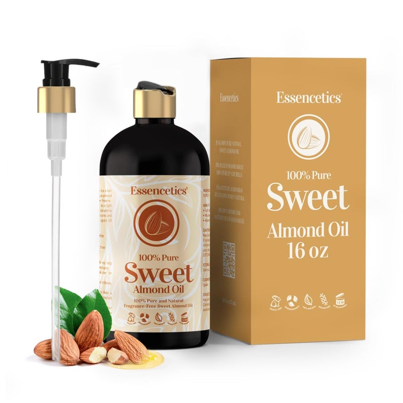 Essencetics Sweet Almond Oil Organic 16 oz - 100% Pure & Natural Sweet Almond Oil for Skin, Body, Face, and Hair - Natural Cold Pressed Unrefined - Organic Massage Oil for Massage Therapy & Date Night - Image 1