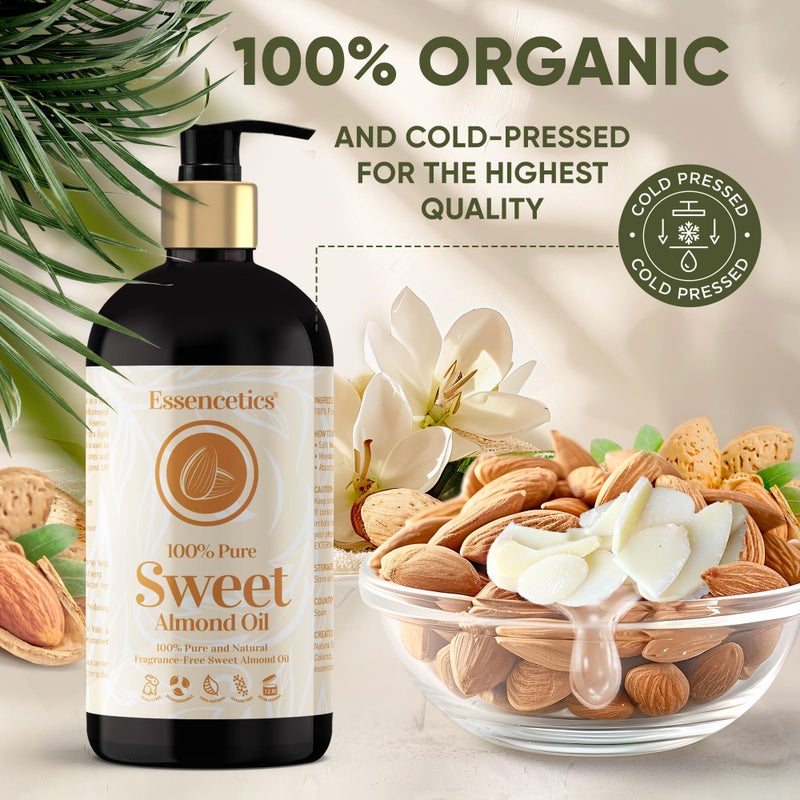 Essencetics Sweet Almond Oil Organic 16 oz - 100% Pure & Natural Sweet Almond Oil for Skin, Body, Face, and Hair - Natural Cold Pressed Unrefined - Organic Massage Oil for Massage Therapy & Date Night - Image 3