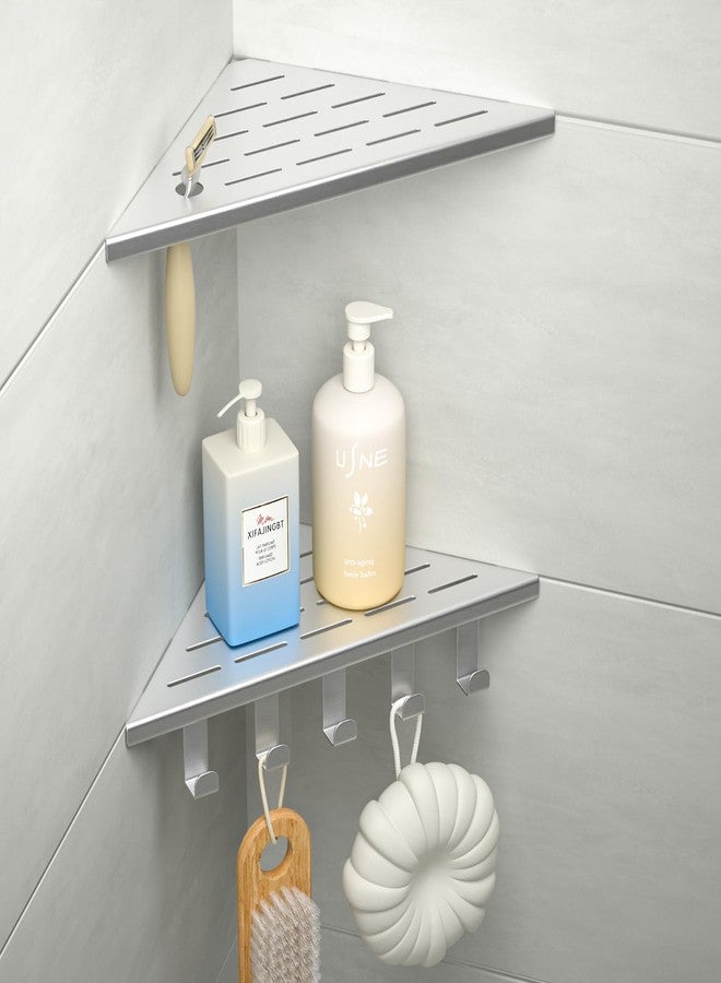 Bernkot 10‘’ Corner Shower Shelf, 304 Stainless Steel Shelves for Bathroom, Grout in Shelf with Hooks for Tiled Wall (Brushed) - Image 1
