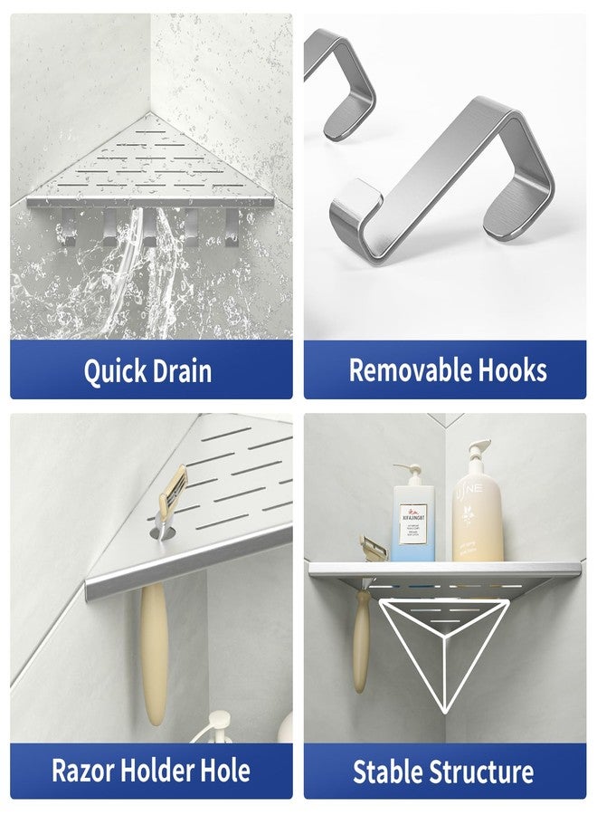 Bernkot 10‘’ Corner Shower Shelf, 304 Stainless Steel Shelves for Bathroom, Grout in Shelf with Hooks for Tiled Wall (Brushed) - Image 2