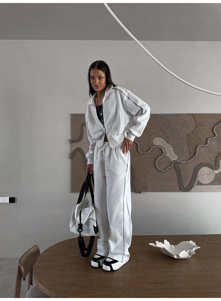 NIBEMINENT Autumn Fashion Long Sleeve Sports Women's Suit Casual Turn-down Collar Zipper Tops And Loose Wide Leg Pants Female Two Piece Set - Image 1