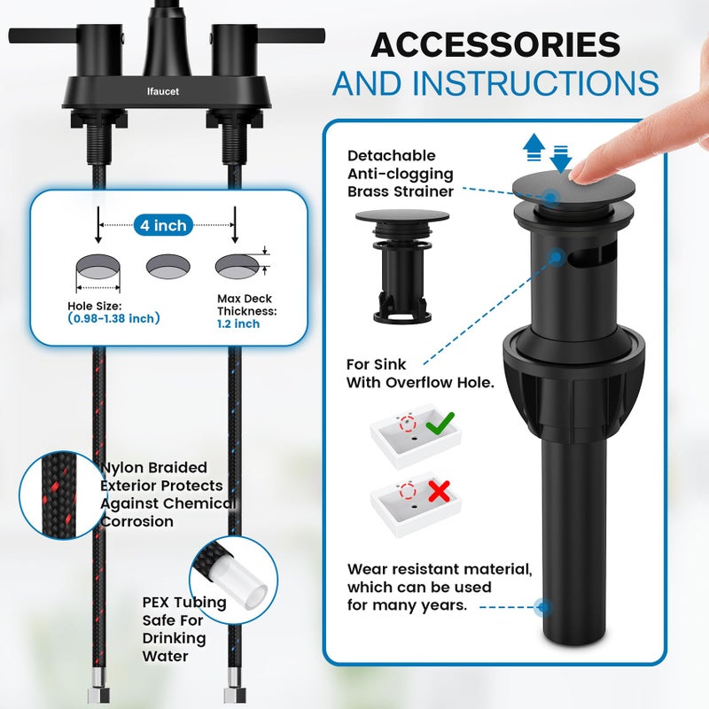 صنبور الحمام الأسود 3 صنابير الحمام حفرة للحوض 3 حفرة الحمام بالوعة الحنفية 4 بوصة 2 مقبض مركز خالية من الرصاص مع النحاس يطفو على السطح استنزاف (أسود غير لامع) - Image 4