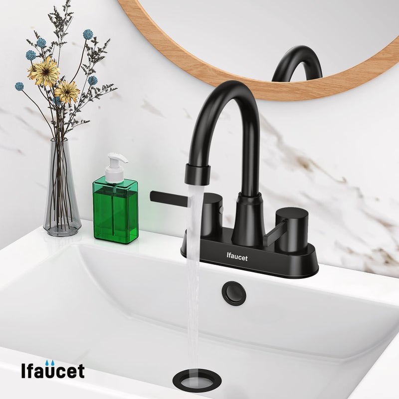 صنبور الحمام الأسود 3 صنابير الحمام حفرة للحوض 3 حفرة الحمام بالوعة الحنفية 4 بوصة 2 مقبض مركز خالية من الرصاص مع النحاس يطفو على السطح استنزاف (أسود غير لامع) - Image 5