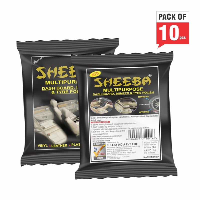 SHEEBA Multipurpose Polish for Dashboard, Bumper & Tyre in Pouch Pack (10Pouches x 10mL Pack)-100mL. - Image 2