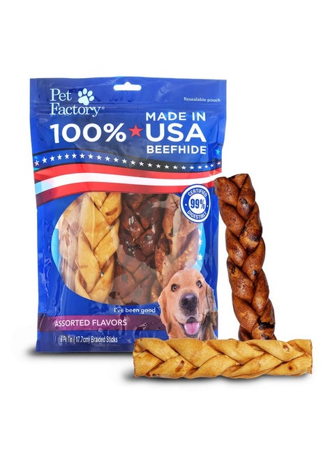 Pet Factory 100% Made in USA Beefhide 7" Braided Sticks Dog Chew Treats - Beef & Chicken Flavor, 6 Count/1 Pack