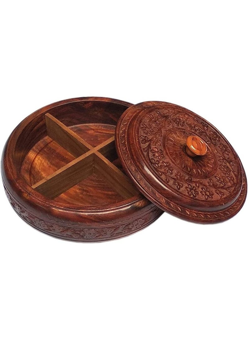 QUESERA Real  Wood Dry Fruit Box Handmade Handcrafted Wooden Large Size Round Dry Fruit Box for Gift Food Storage Spice Box 4 Compartment Storage Box Masala Box Set - Image 2