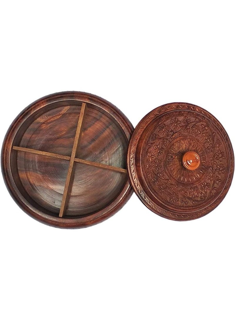 QUESERA Real  Wood Dry Fruit Box Handmade Handcrafted Wooden Large Size Round Dry Fruit Box for Gift Food Storage Spice Box 4 Compartment Storage Box Masala Box Set - Image 3