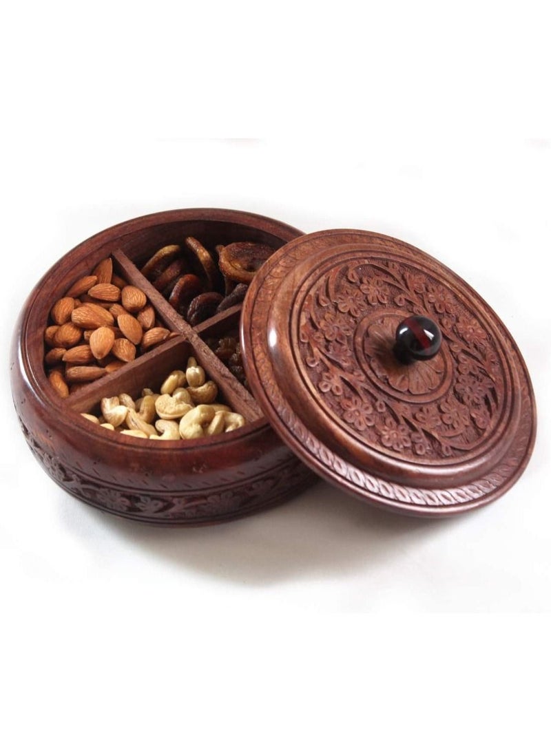 QUESERA Real  Wood Dry Fruit Box Handmade Handcrafted Wooden Large Size Round Dry Fruit Box for Gift Food Storage Spice Box 4 Compartment Storage Box Masala Box Set - Image 1