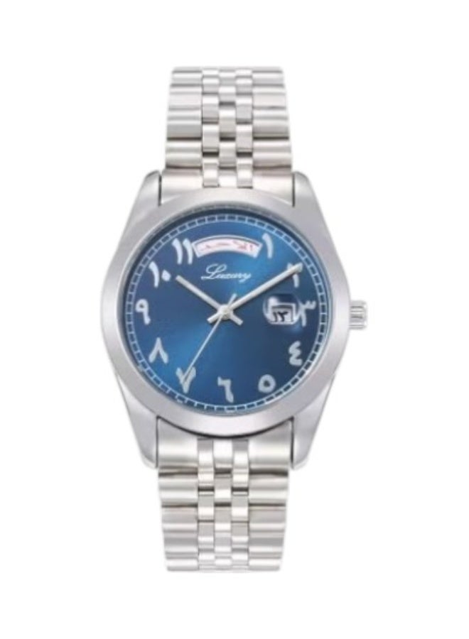 Men's steel wristwatch with Arabic numerals, Rolex style, water resistant, modern and high quality, silver strap with a blue dial