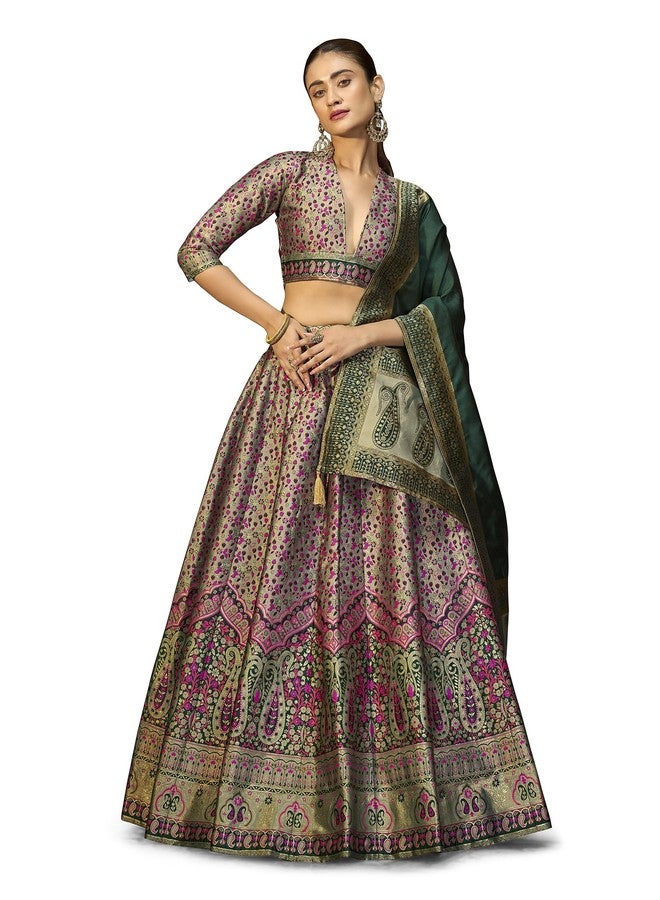 PURVAJA حريمي Kanjiwaram شبه مخيطة Lehenga choli (Nadira-Sea-Green_Free الحجم) - Image 1