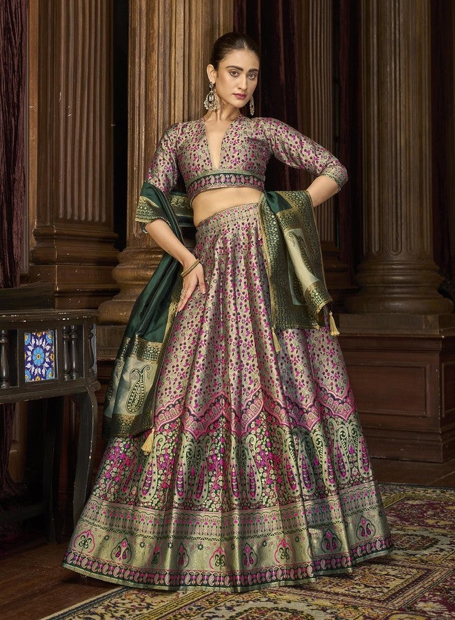 PURVAJA حريمي Kanjiwaram شبه مخيطة Lehenga choli (Nadira-Sea-Green_Free الحجم) - Image 4