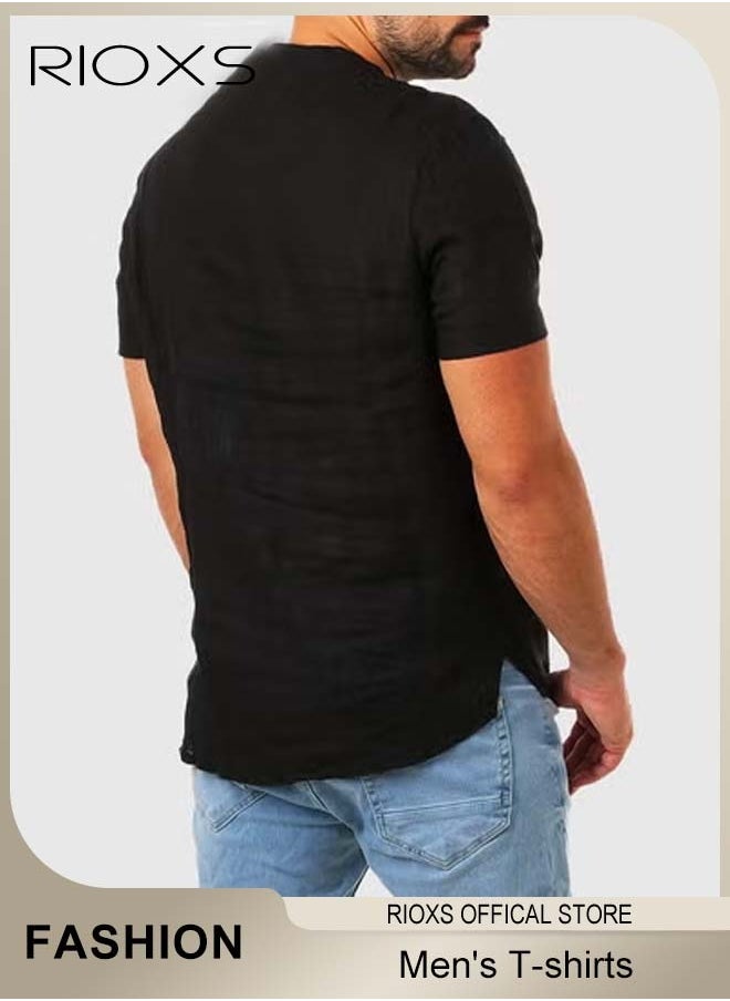 RIOXS - Men's Short Sleeve Shirt, Loose Tops For Men, Casual Shirt for Men, Comfy Breathable Shirt for Travel Work and Daily Wear, Ideal Gift for Grandfather, Dad, Boyfrind or Husband - Image 1