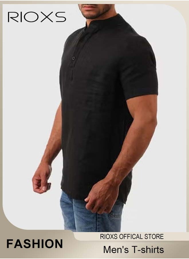 RIOXS - Men's Short Sleeve Shirt, Loose Tops For Men, Casual Shirt for Men, Comfy Breathable Shirt for Travel Work and Daily Wear, Ideal Gift for Grandfather, Dad, Boyfrind or Husband - Image 1