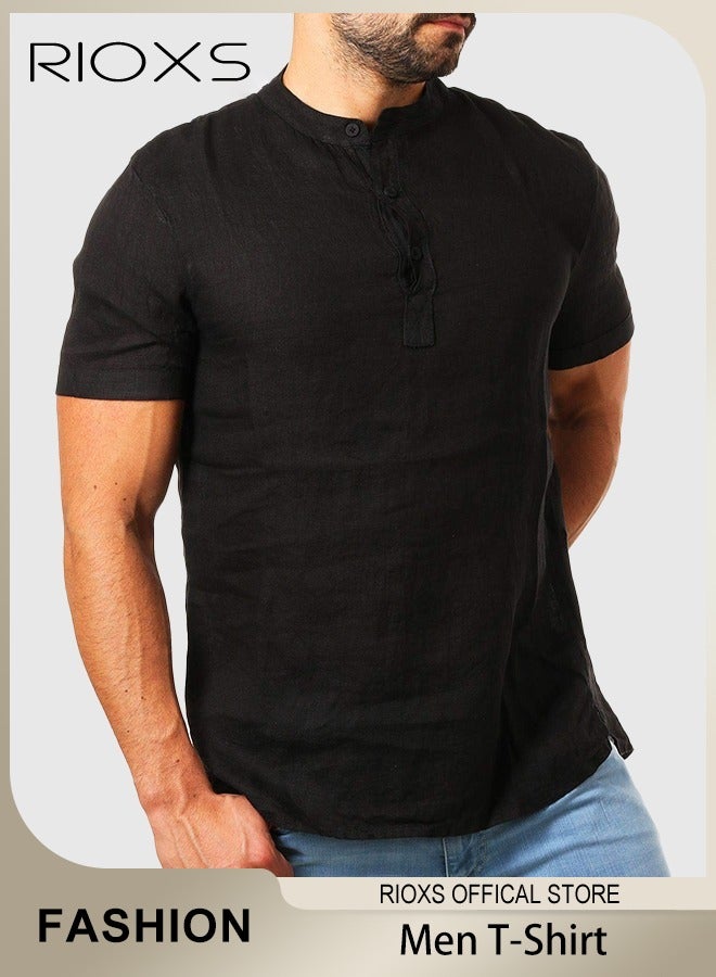 RIOXS Men's Short Sleeve Henley T-Shirts, Slim Fit Casual Button Down Shirts for Men, Comfortable Lightweight Summer Basic Tee, Breathable Quick-Dry Moisture Wicking Solid Tees, for Work Travel and Daily Wear, Black - Image 2