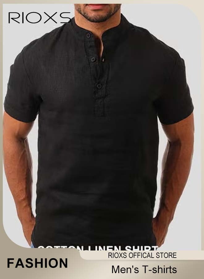 RIOXS Men's Short Sleeve Henley T-Shirts, Slim Fit Casual Button Down Shirts for Men, Comfortable Lightweight Summer Basic Tee, Breathable Quick-Dry Moisture Wicking Solid Tees, for Work Travel and Daily Wear, Black - Image 1