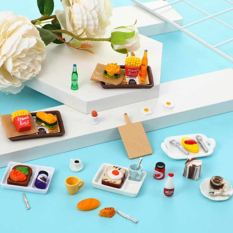 Civaner 38 Pcs Miniature Food Toy Miniature Doll House Accessories Miniatures Play Sets Small Doll Food Dollhouse Foods, Hamburger Fries Soda Milk Juice Fast Foods Set for Pretend Kitchen(Fresh Style) - Image 4