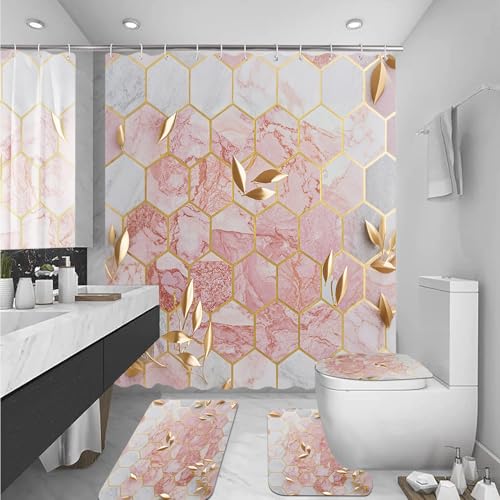 Omebero 4 Pcs Pink Shower Curtain Sets with Rugs Bathroom Sets with Shower Curtain and Rugs Modern Abstract Bathroom Decor Accessories Shower Curtains for Bathroom Toilet Lid Cover - Image 1