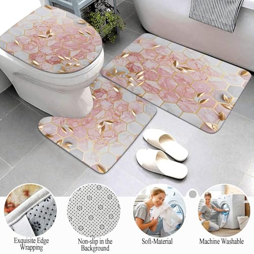 Omebero 4 Pcs Pink Shower Curtain Sets with Rugs Bathroom Sets with Shower Curtain and Rugs Modern Abstract Bathroom Decor Accessories Shower Curtains for Bathroom Toilet Lid Cover - Image 3