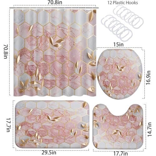Omebero 4 Pcs Pink Shower Curtain Sets with Rugs Bathroom Sets with Shower Curtain and Rugs Modern Abstract Bathroom Decor Accessories Shower Curtains for Bathroom Toilet Lid Cover - Image 4