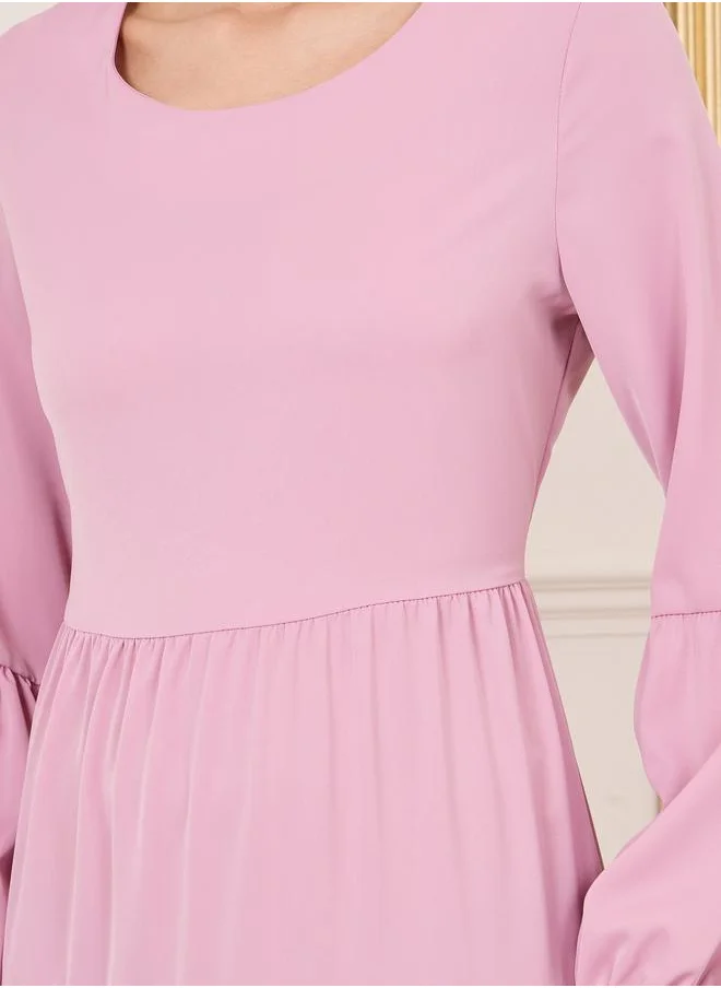 Styli Solid Long Sleeves Tiered Maxi Dress