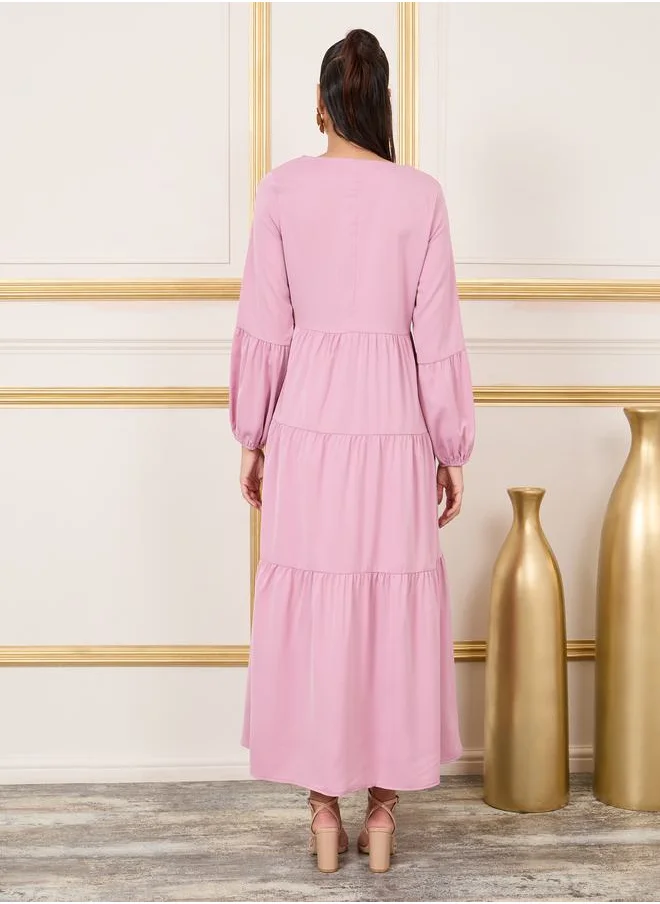 Styli Solid Long Sleeves Tiered Maxi Dress