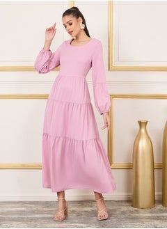 Solid Long Sleeves Tiered Maxi Dress