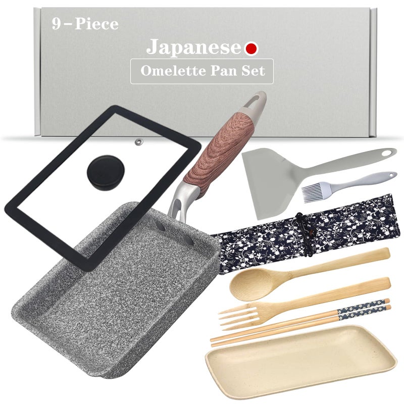 DXBVIEX 9Pcs Tamagoyaki Pan Set, Japanese Omelette Pan Nonstick with Lid, Square Japanese Egg Skillet Rectangle 7"x5" Grey - Image 1