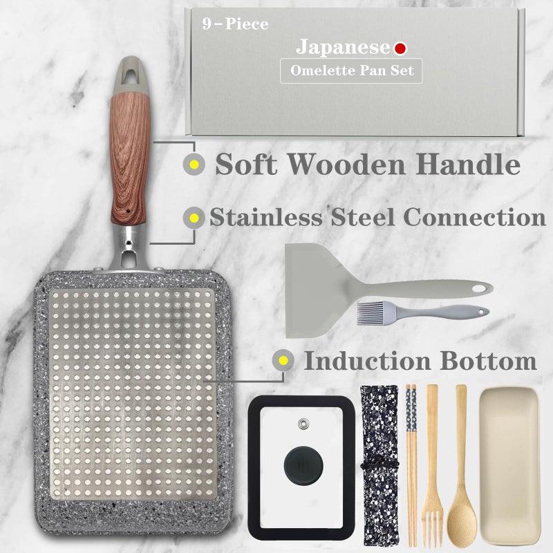 DXBVIEX 9Pcs Tamagoyaki Pan Set, Japanese Omelette Pan Nonstick with Lid, Square Japanese Egg Skillet Rectangle 7"x5" Grey - Image 3