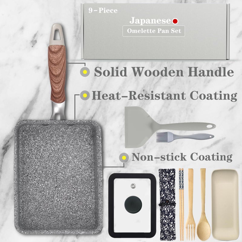 DXBVIEX 9Pcs Tamagoyaki Pan Set, Japanese Omelette Pan Nonstick with Lid, Square Japanese Egg Skillet Rectangle 7"x5" Grey - Image 2