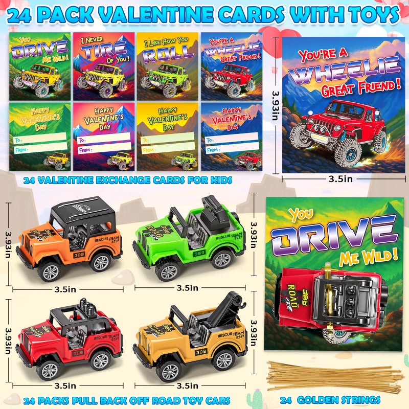 Ellinjan Valentines Day Gifts for Kids Classroom School, 24 Packs Valentines Day Card with Pull Back Car Toys, Off-Road Cars for Valentine Party Favor Prizes Stuffers, Ideal Exchange Gift for Boys Girls - Image 2