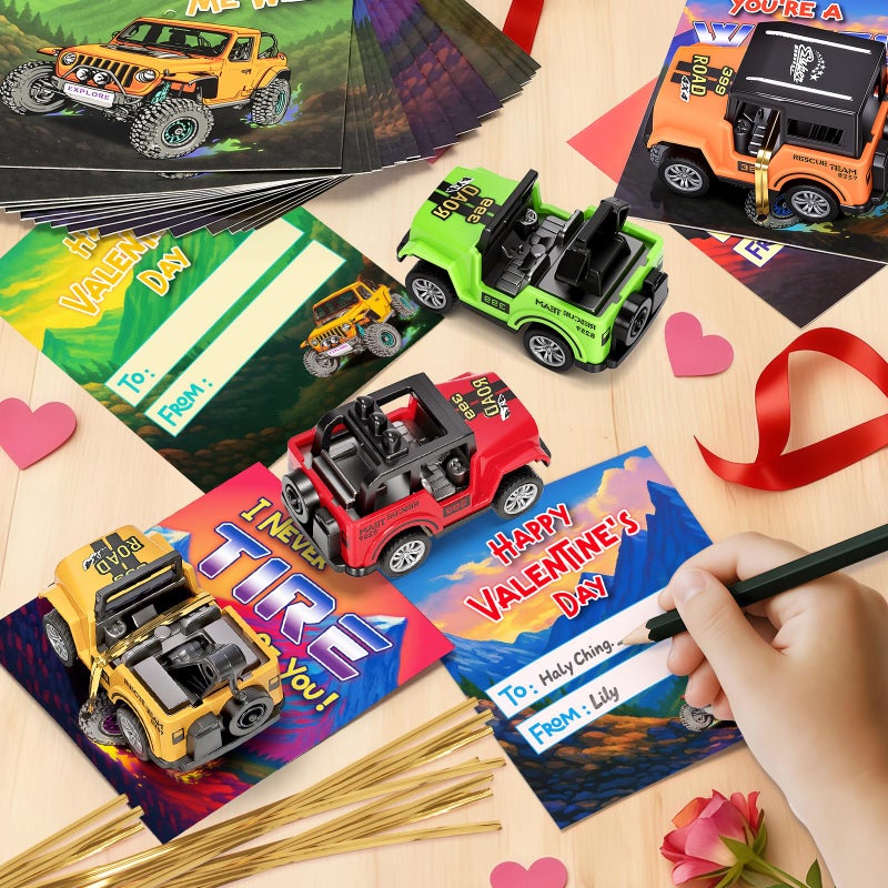 Ellinjan Valentines Day Gifts for Kids Classroom School, 24 Packs Valentines Day Card with Pull Back Car Toys, Off-Road Cars for Valentine Party Favor Prizes Stuffers, Ideal Exchange Gift for Boys Girls - Image 3