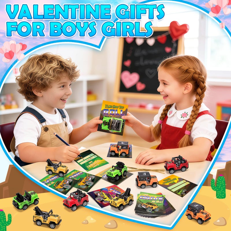 Ellinjan Valentines Day Gifts for Kids Classroom School, 24 Packs Valentines Day Card with Pull Back Car Toys, Off-Road Cars for Valentine Party Favor Prizes Stuffers, Ideal Exchange Gift for Boys Girls - Image 5